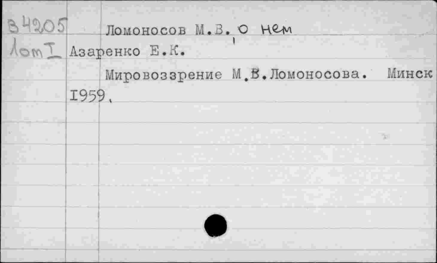 ﻿	Ломоносов М.В. с
	1 Азаренко Е.К.
Мировоззрение М.В.Ломоносова. Минск 1959,